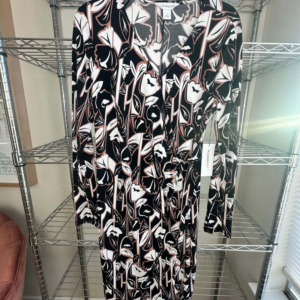 Liz Claiborne Floral Wrap Dress Black White Blush Size S